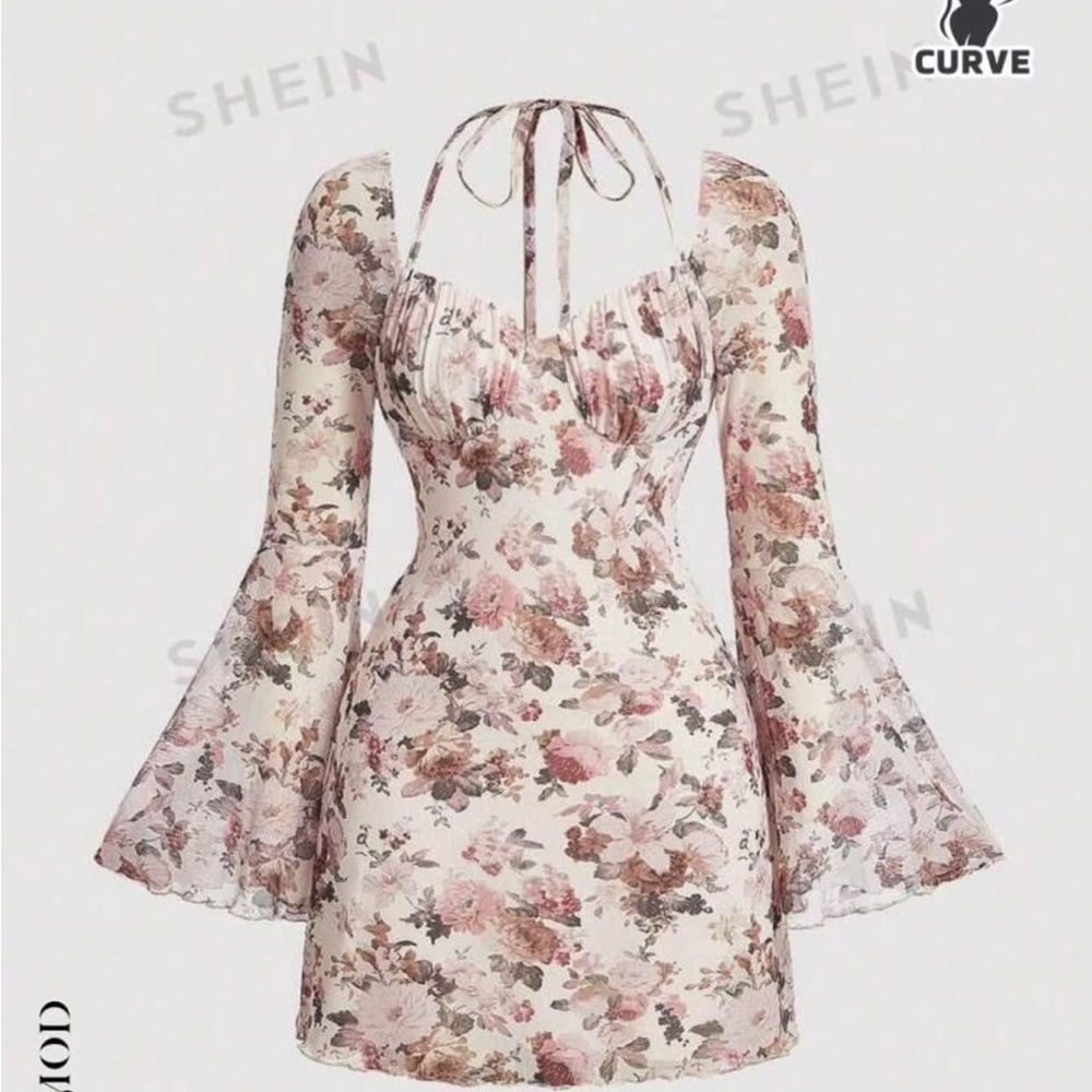 SHEIN Floral Long Sleeve Dress - Pink and Cream